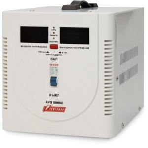 Стабилизатор POWERMAN AVS 5000D, ступенчатый регулятор, цифровые индикаторы уровней напряжения, 5000ВА, 140-260В, максимальный входной ток 24А, клеммная колодка, IP-20, напольный,  280мм х 200мм х 225мм, 8.6 кг./ Stabilizer POWERMAN AVS 5000D, step-
