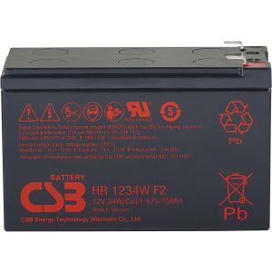 Батарея CSB серия HR, HR1234W F2, напряжение 12В, емкость 8.5Ач (разряд 20 часов), 34 Вт/Эл при 15-мин. разряде до U кон. - 1.67 В/Эл при 25 °С, макс. ток разряда (5 сек.) 130А, ток короткого замыкания 349А, макс. ток заряда 3.4A, свинцово-кислотная