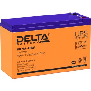 Батарея DELTA серия HR-W, HR 12-28 W, напряжение 12В, емкость 7Ач (разряд 20 часов),  макс. ток разряда (5 сек.) 140А, макс. ток заряда 2.1А, свинцово-кислотная типа AGM, клеммы F2, ДxШxВ 151х65х94мм., вес 2.2кг., срок службы 8 лет./ Battery DELTA s