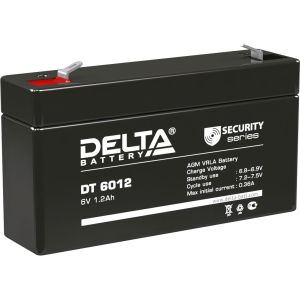 Батарея DELTA серия DT, DT 6012, напряжение 6В, емкость 1.2Ач (разряд 20 часов),  макс. ток разряда (5 сек.) 16.2А, макс. ток заряда 0.36А, свинцово-кислотная типа AGM, клеммы F1, ДxШxВ 97х24х51мм., вес 0.29кг., срок службы 5 лет./ Battery DELTA ser