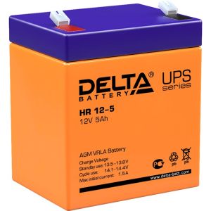 Батарея DELTA серия HR, HR 12-5, напряжение 12В, емкость 5Ач (разряд 20 часов),  макс. ток разряда (5 сек.) 75А, макс. ток заряда 1.5А, свинцово-кислотная типа AGM, клеммы F2, ДxШxВ 90х70х101мм., вес 1.8кг., срок службы 8 лет./ Battery DELTA series 