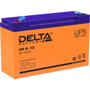 Батарея DELTA серия HR, HR 6-12, напряжение 6В, емкость 12Ач (разряд 20 часов),  макс. ток разряда (5 сек.) 175А, макс. ток заряда 3.6А, свинцово-кислотная типа AGM, клеммы F1, ДxШxВ 151х50х94мм., вес 1.85кг., срок службы 8 лет./ Battery DELTA serie