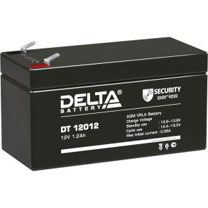 Батарея DELTA серия DT, DT 12012, напряжение 12В, емкость 1.2Ач (разряд 20 часов),  макс. ток разряда (5 сек.) 19.5А, макс. ток заряда 0.36А, свинцово-кислотная типа AGM, клеммы F1, ДxШxВ 97х45х52мм., вес 0.55кг., срок службы 5 лет./ Battery DELTA s