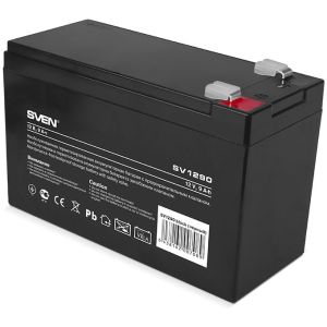 Батарея SVEN SV 1290 (12V 9Ah), напряжение 12В, емкость 9А*ч, макс. ток разряда 128А, макс. ток заряда 2.7А, свинцово-кислотная типа AGM, тип клемм F2, Д/Ш/В 151/65/94, 2.65кг/ Battery SVEN SV 1290 (12V 9Ah), 12V voltage, 9A*h capacity, max. dischar