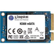 Твердотельный накопитель/ Kingston SSD KC600, 256GB, mSATA, SATA3, 3D TLC, R/W 550/500MB/s, IOPs 90 000/80 000, DRAM buffer 256MB, TBW 150, DWPD 0.32 (5 лет)