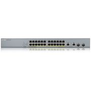 Коммутатор/ ZYXEL GS1350-26HP L2 PoE + switch for IP cameras, 24xGE PoE +, 2xCombo (SFP / RJ-45), PoE budget 375 W, power transfer distance up to 250 m, auto-reloading of PoE ports, increased overvoltage and electrostatic discharge protection